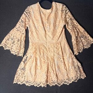 Womens L Mini Dress Peach Floral Lace Bell Sleeve Tassel Boho Western Fairy